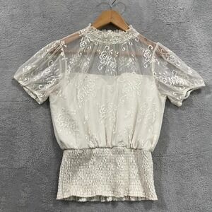 Coquette Girl‎ Top Blouse Women's S Small Embroidered Smocked Hem Sheer Smocked
